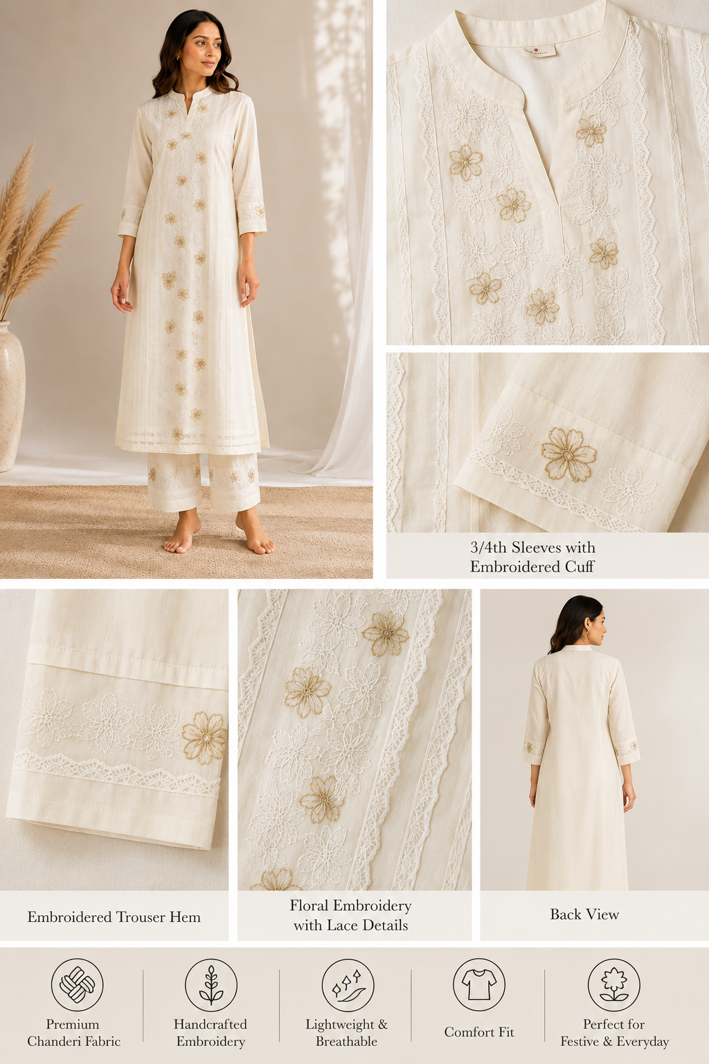 Saantha Signature|Ivory Chanderi Kurta Set with Floral Hand Embroidery