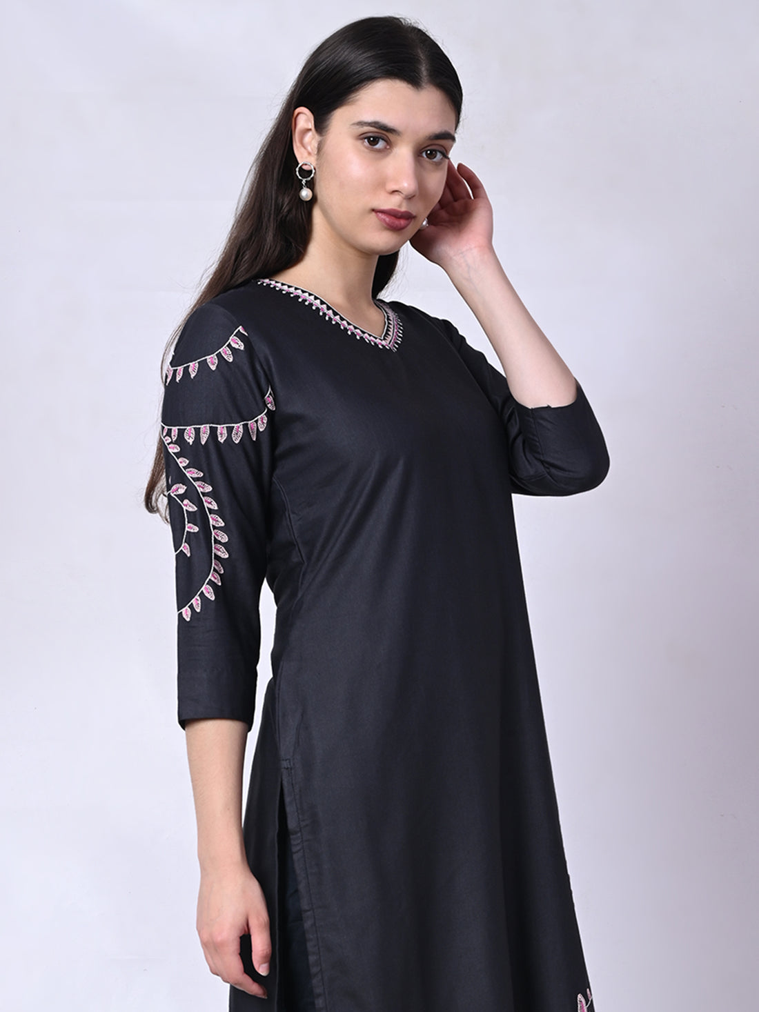 Black Santhali Bel Hand Embroidered Silk Kurta Set