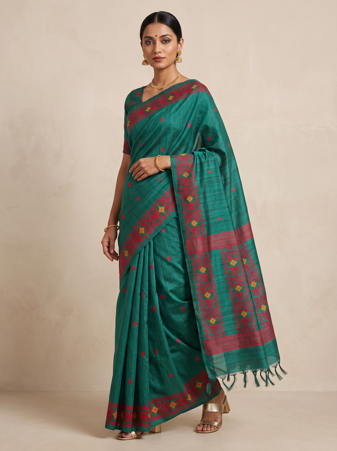MS- PL SEMI TASSAR JAMDANI WEAVE SAREE 5875-GREEN