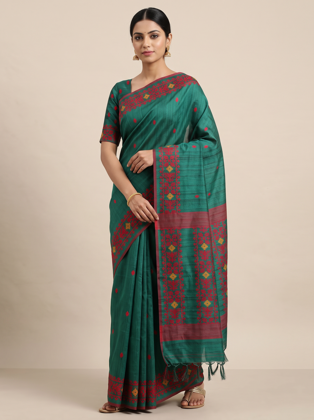 MS- PL SEMI TASSAR JAMDANI WEAVE SAREE 5875-GREEN