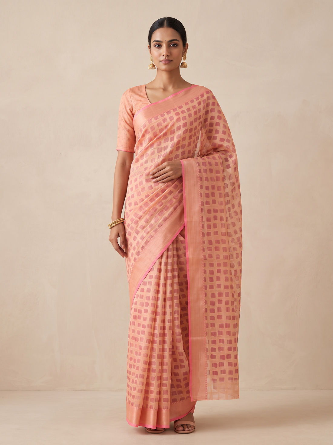 Peach Silk Blend Saree with Golden Motifs