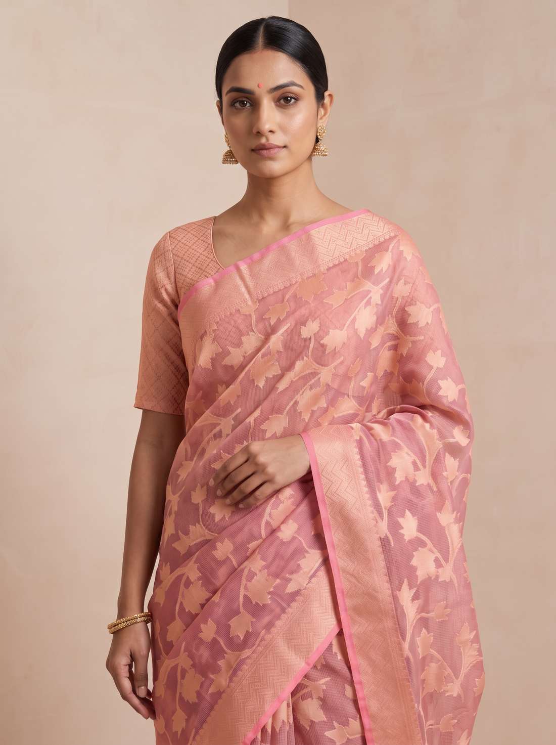 Pink Silk Blend Saree with Golden Floral Motifs