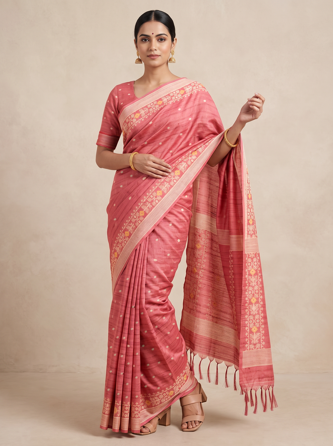 MS- PL SEMI TASSAR JAMDANI WEAVE SAREE 5875-LIGHT PINK
