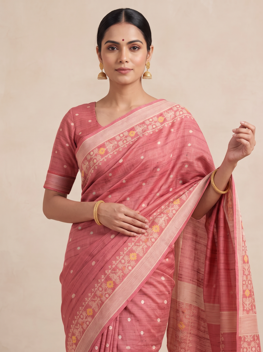MS- PL SEMI TASSAR JAMDANI WEAVE SAREE 5875-LIGHT PINK