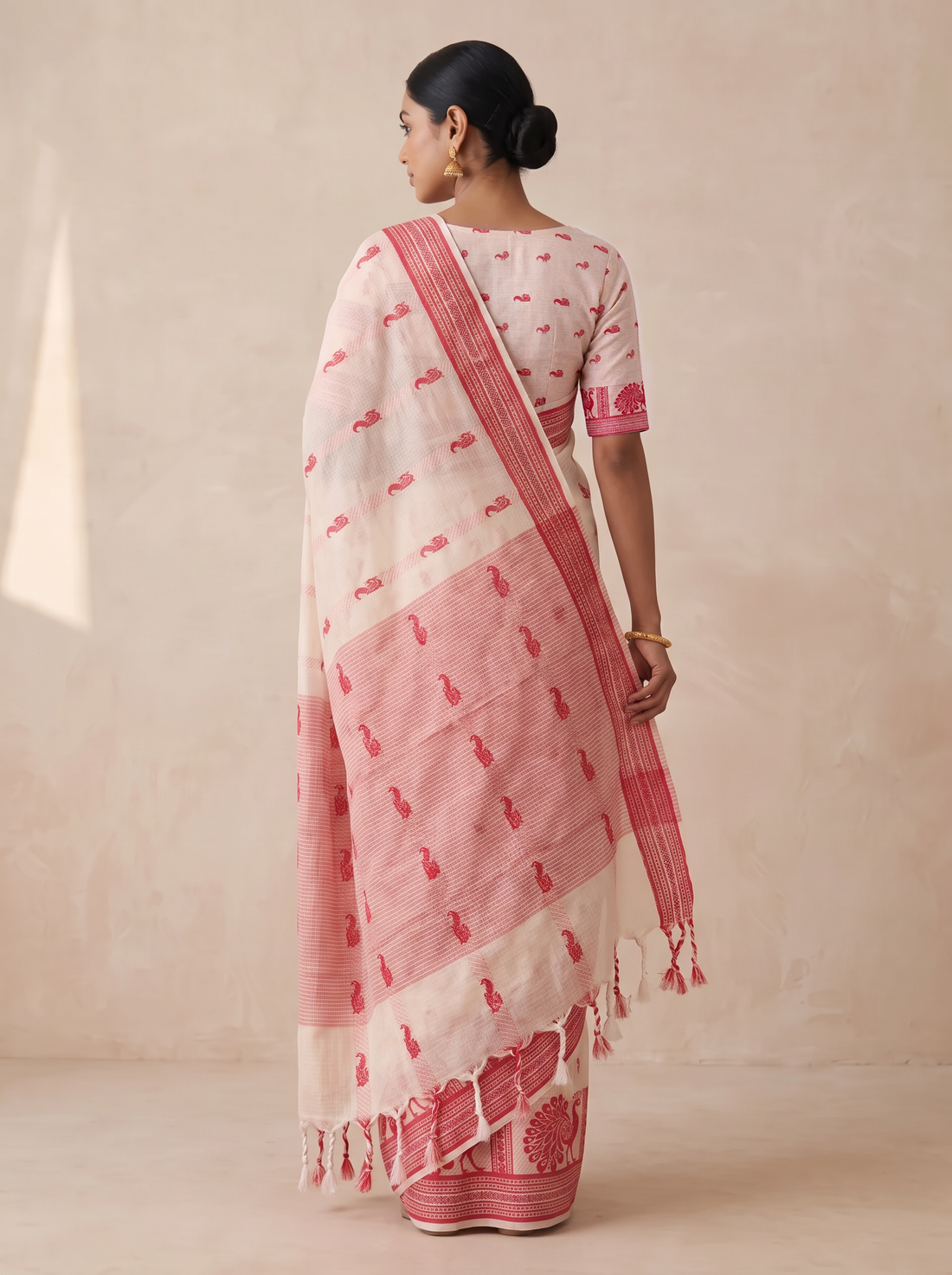 Ivory Cotton Saree with Soft Red Peacock Border and Red Motif Pallu