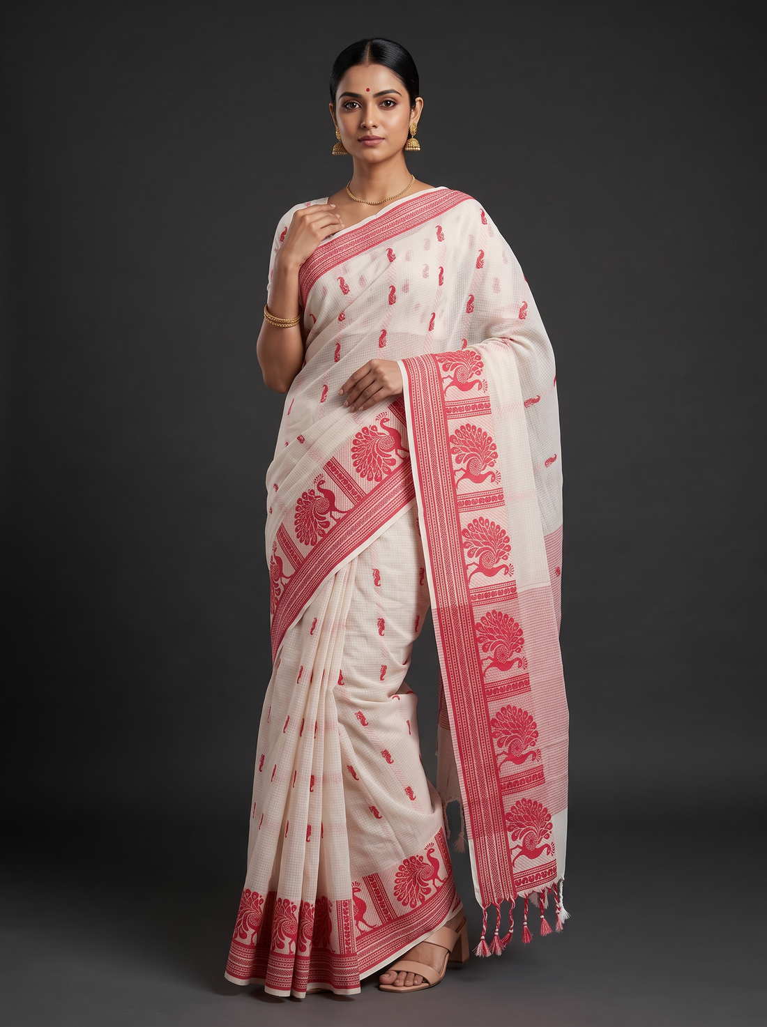 Ivory Cotton Saree with Soft Red Peacock Border and Red Motif Pallu