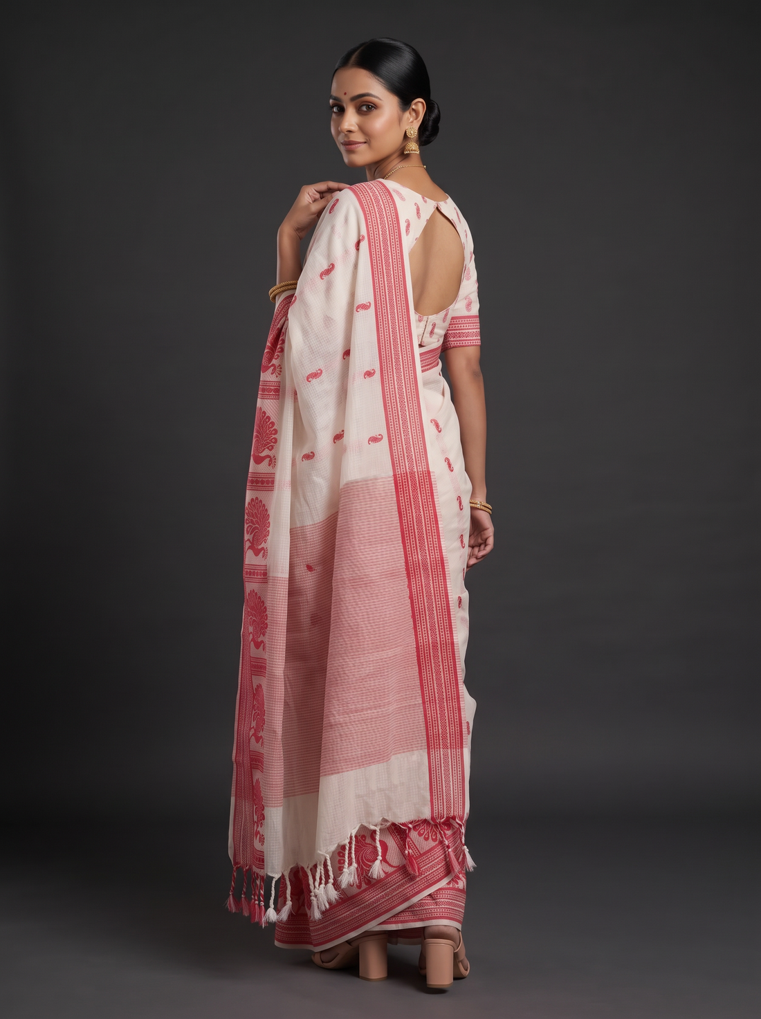 Ivory Cotton Saree with Soft Red Peacock Border and Red Motif Pallu