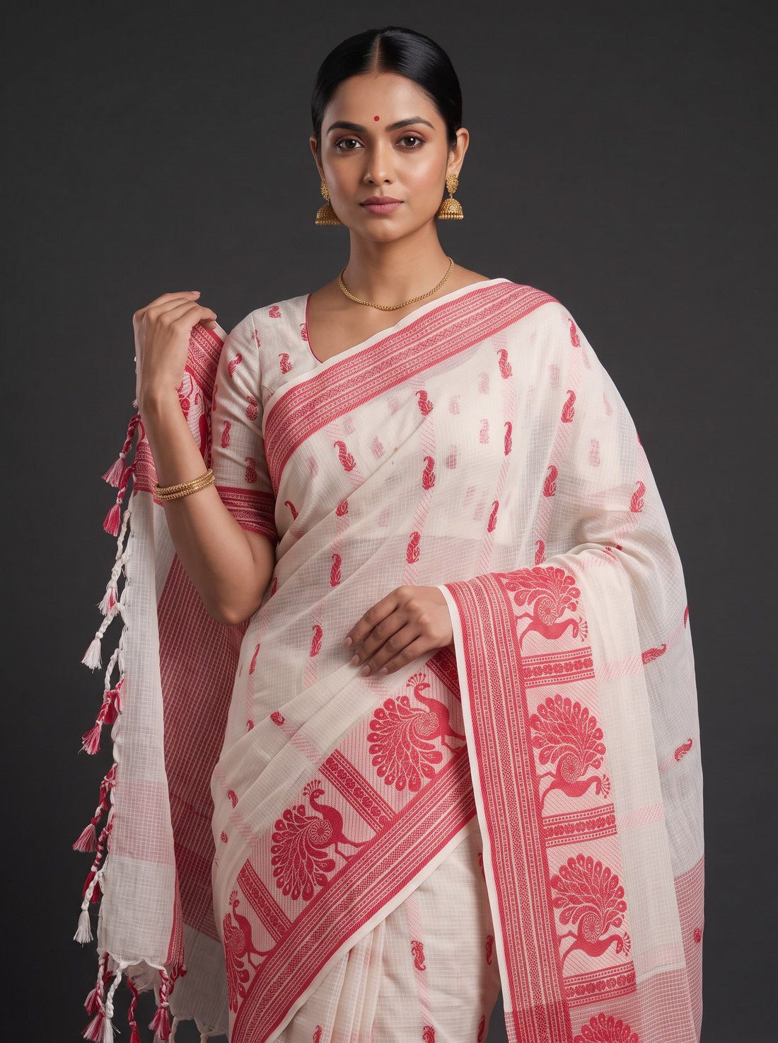 Ivory Cotton Saree with Soft Red Peacock Border and Red Motif Pallu