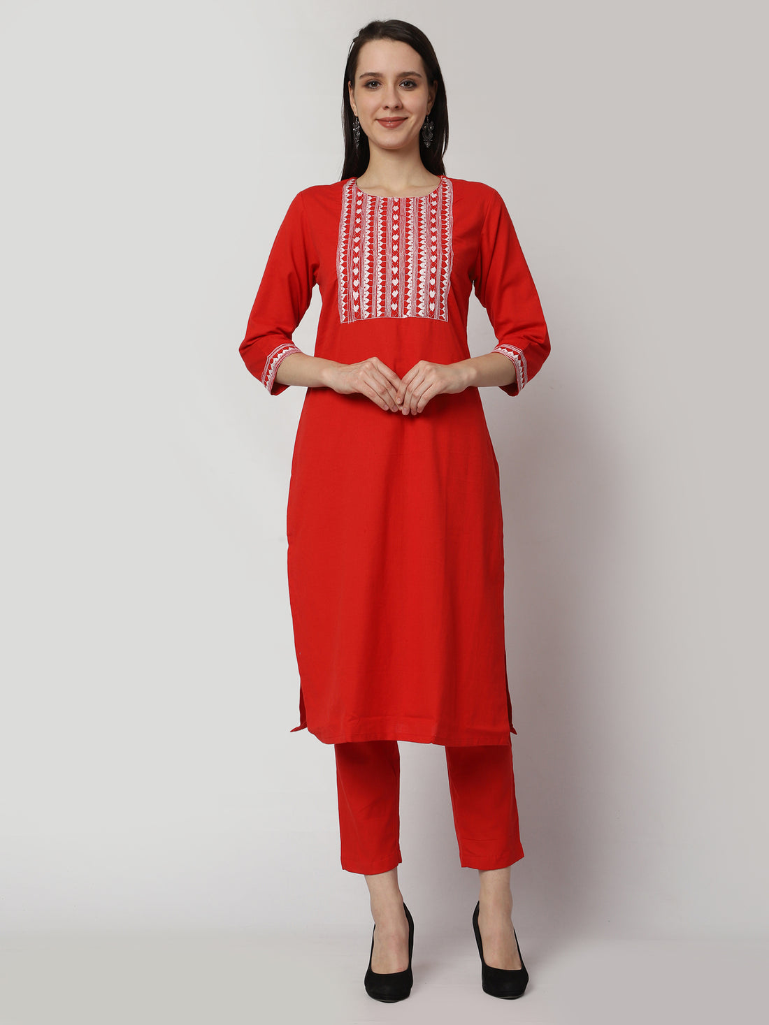 Scarlet Serenade Hand Embroidered Cotton Kurta Set