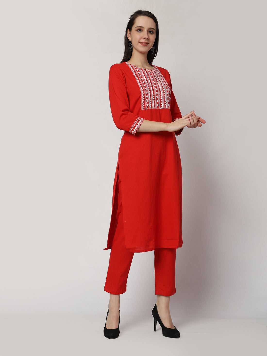 Scarlet Serenade Hand Embroidered Cotton Kurta Set