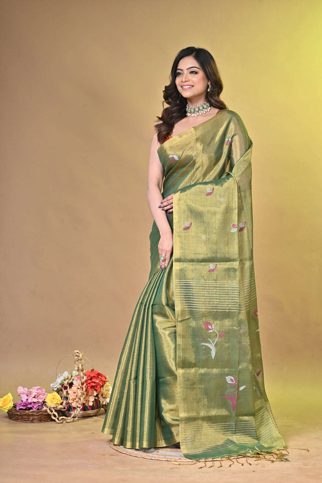 Sea Green Tissue Linen Saree with Floral Woven Motifs