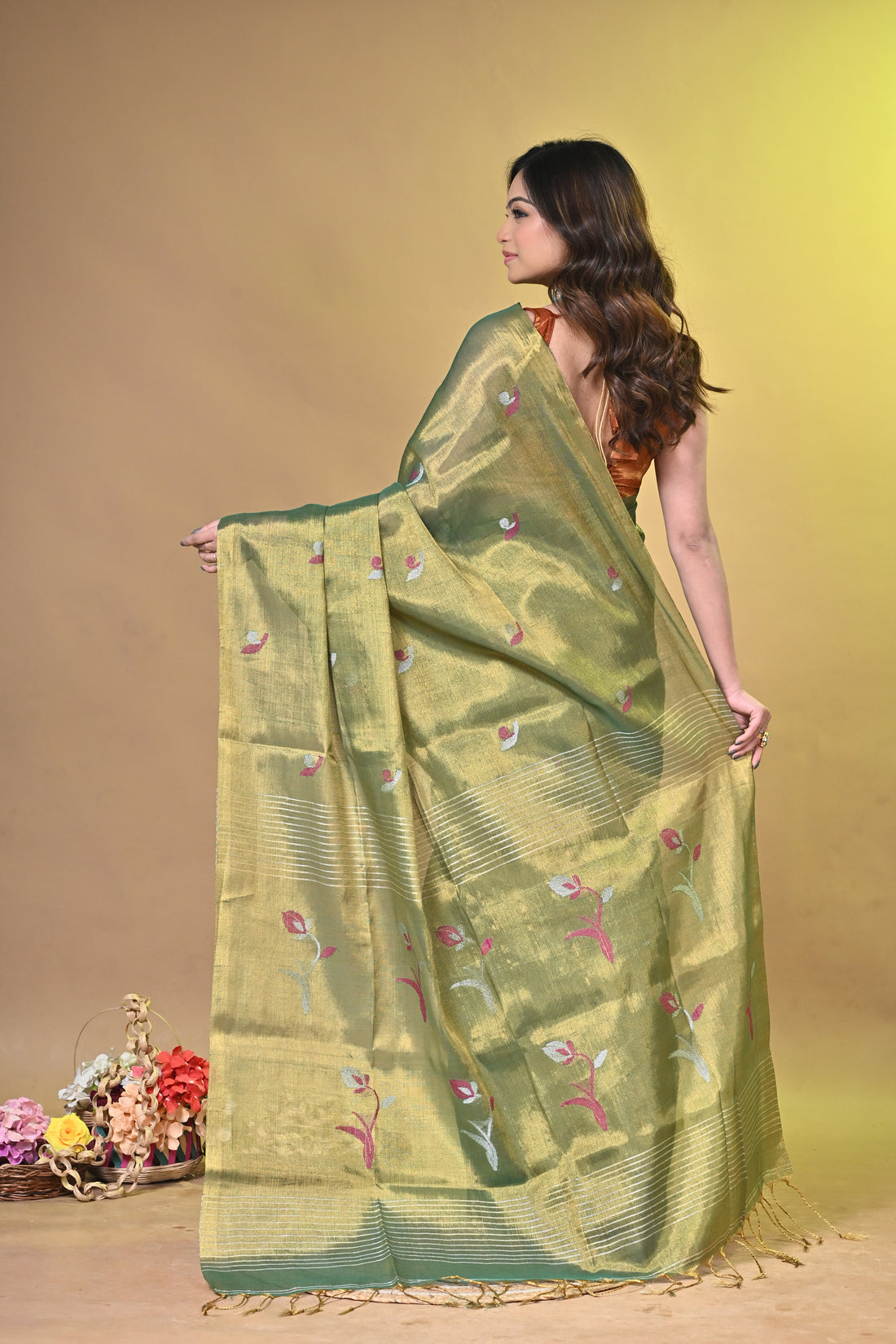Sea Green Tissue Linen Saree with Floral Woven Motifs