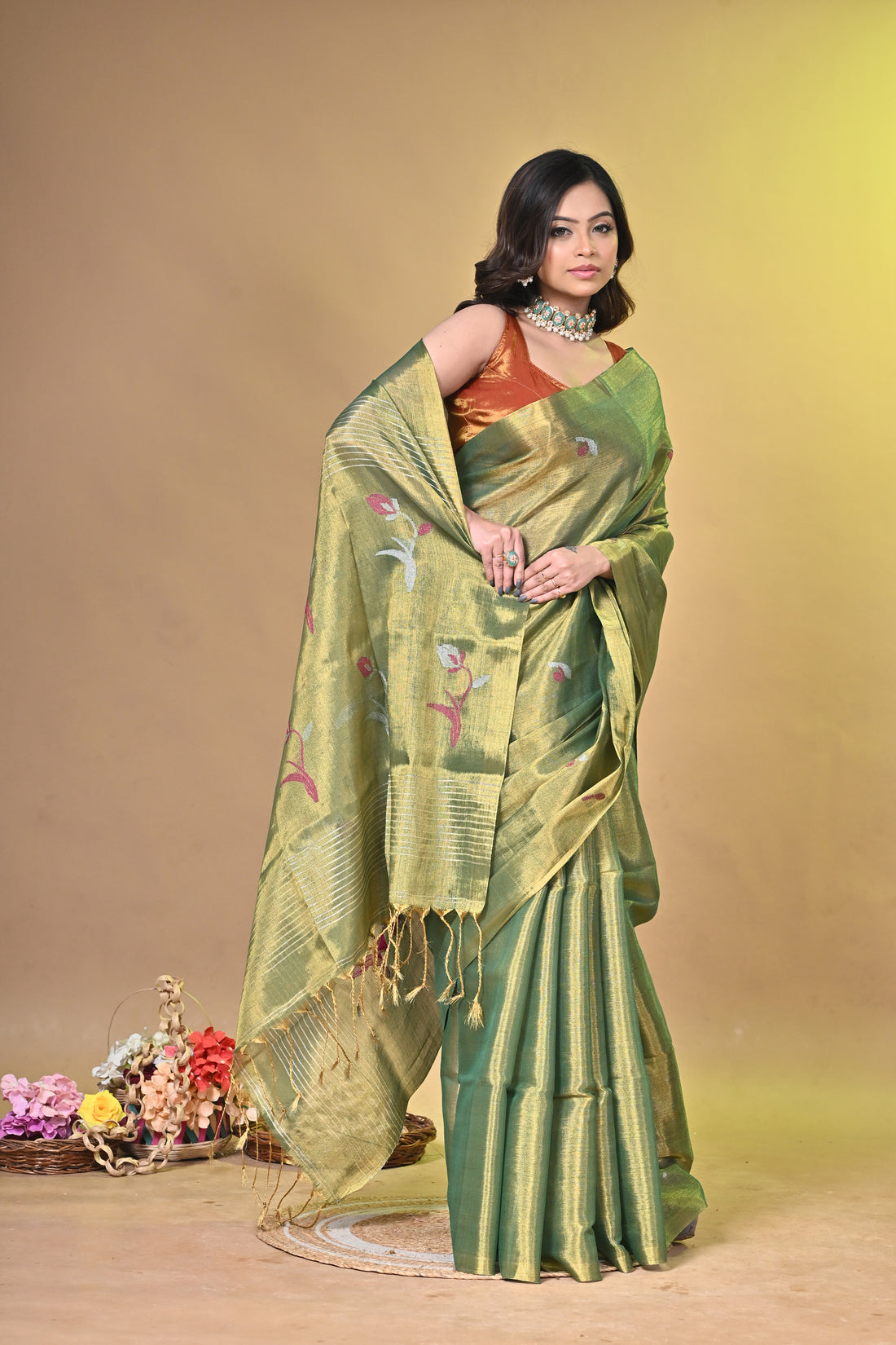 Sea Green Tissue Linen Saree with Floral Motifs