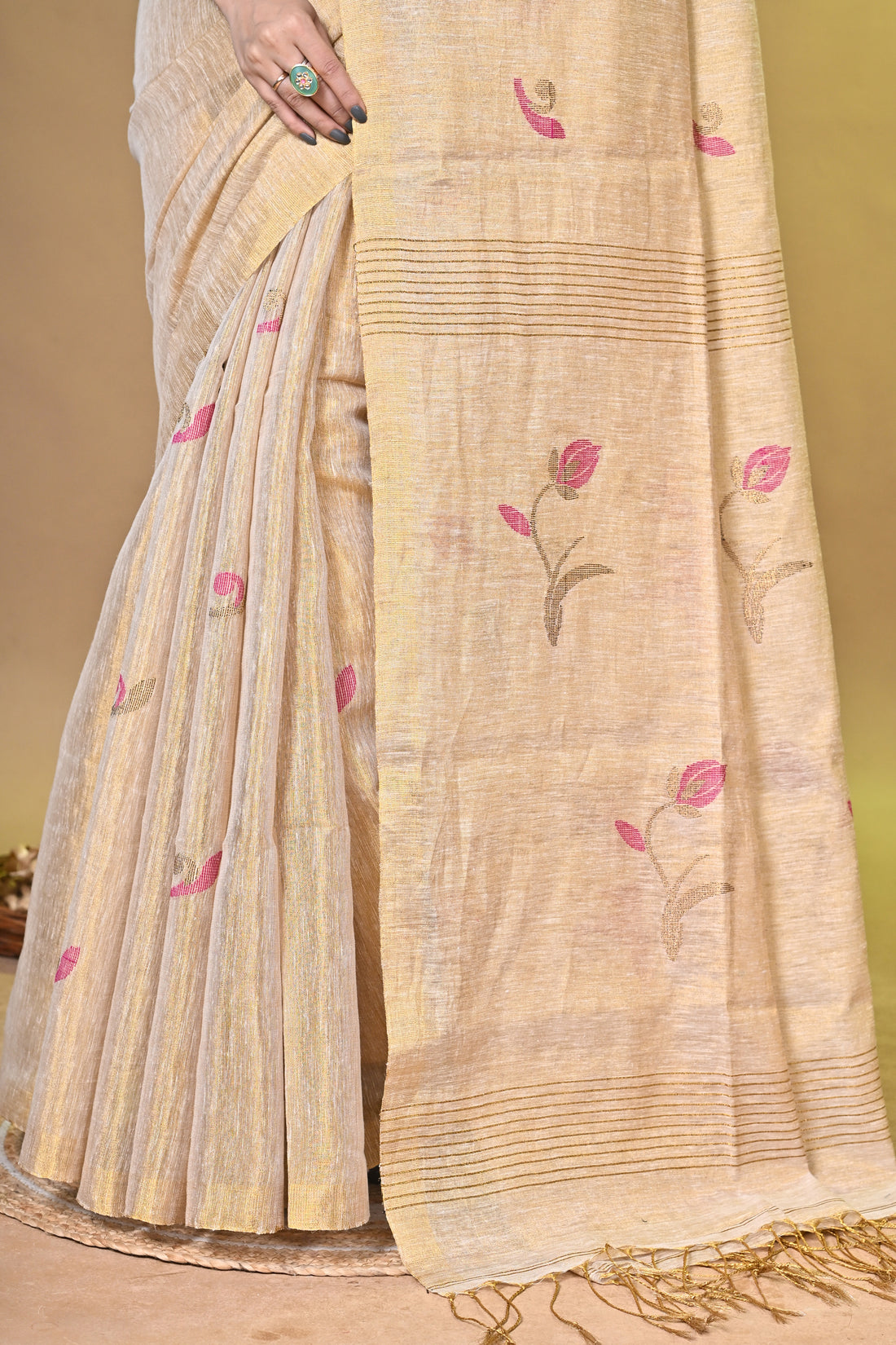 Beige Tissue Linen Saree with Floral Motifs