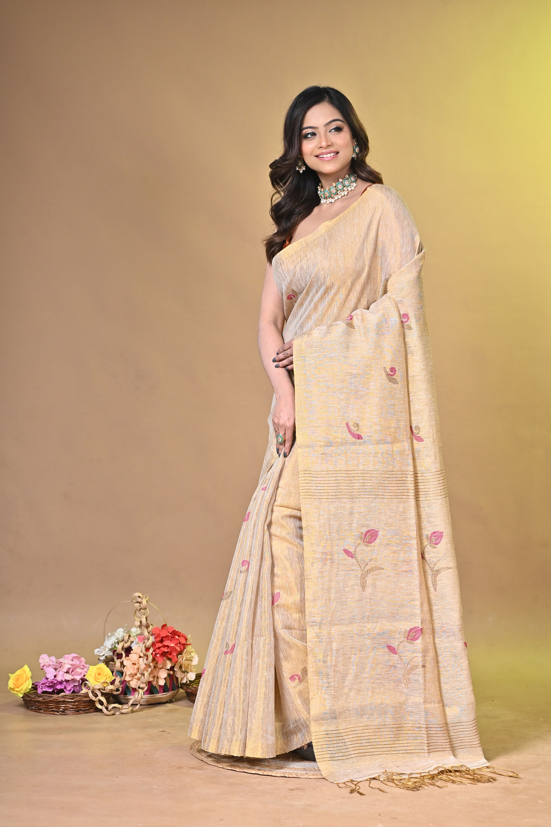 Beige Tissue Linen Saree with Floral Motifs