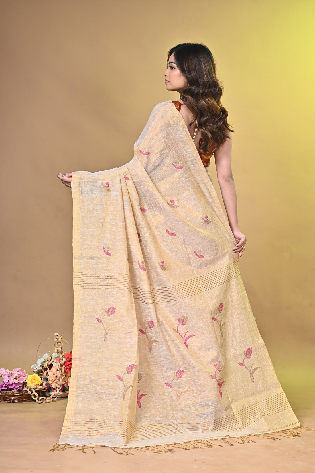 Beige Tissue Linen Saree with Floral Motifs