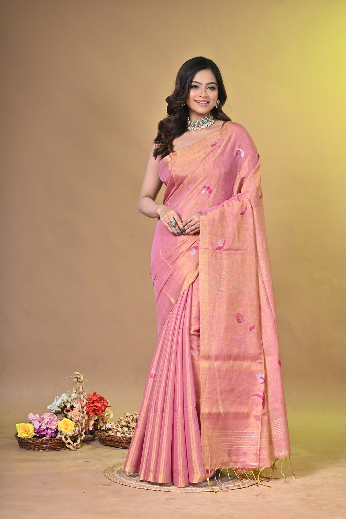 Peach Tissue Linen Saree with Elegant Floral Weaving