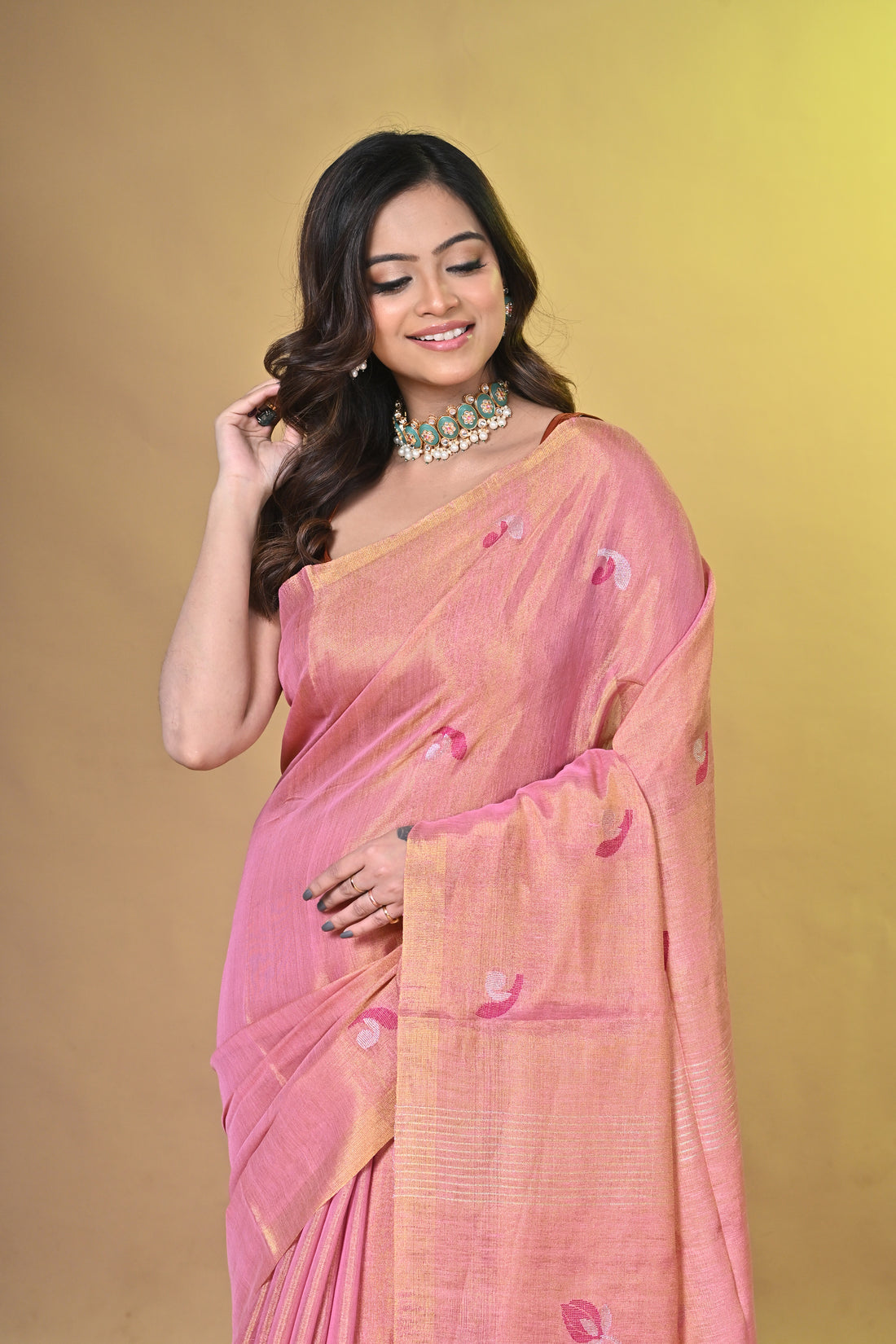 Peach Tissue Linen Saree with Elegant Floral Weaving