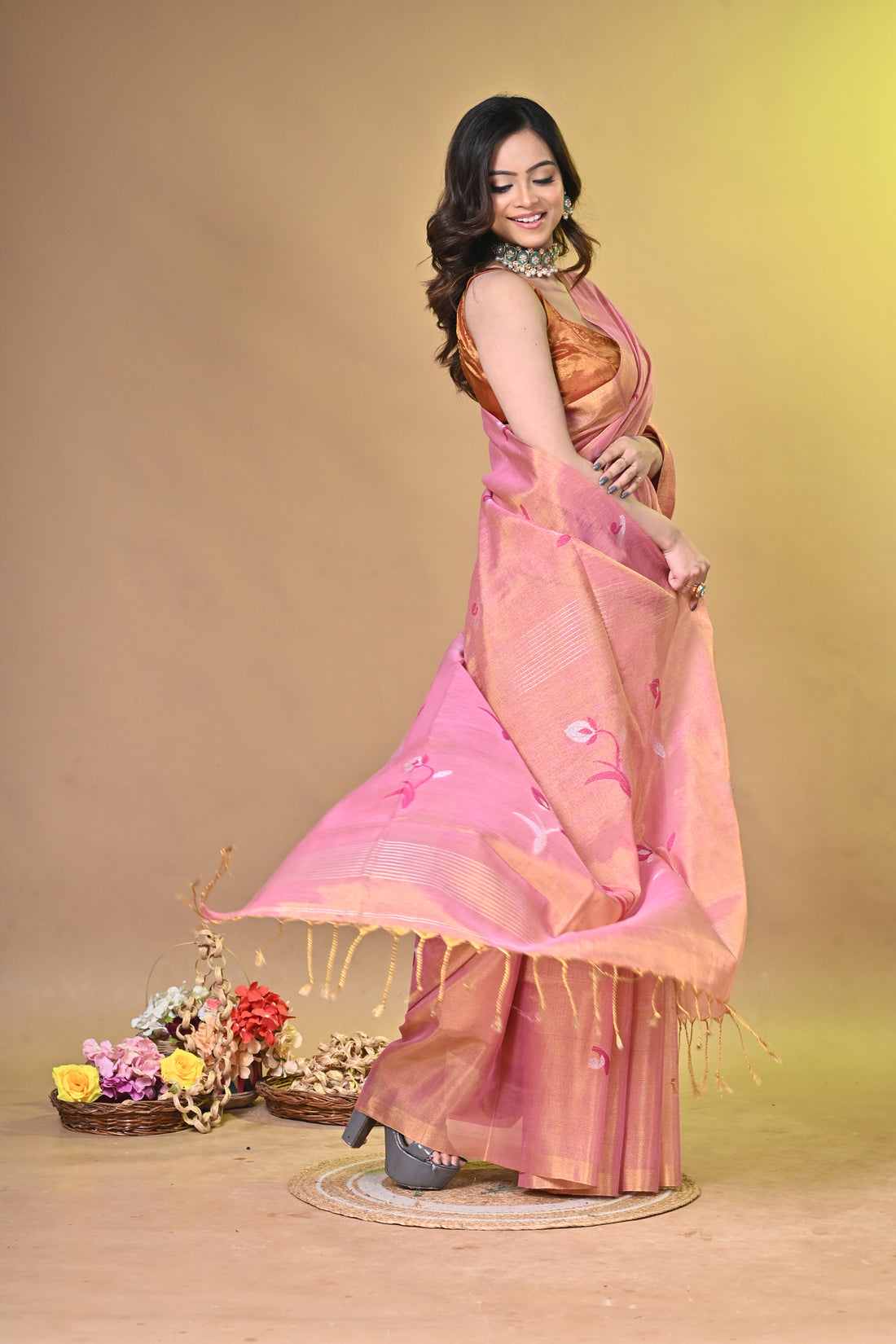 Peach Tissue Linen Saree with Elegant Floral Weaving
