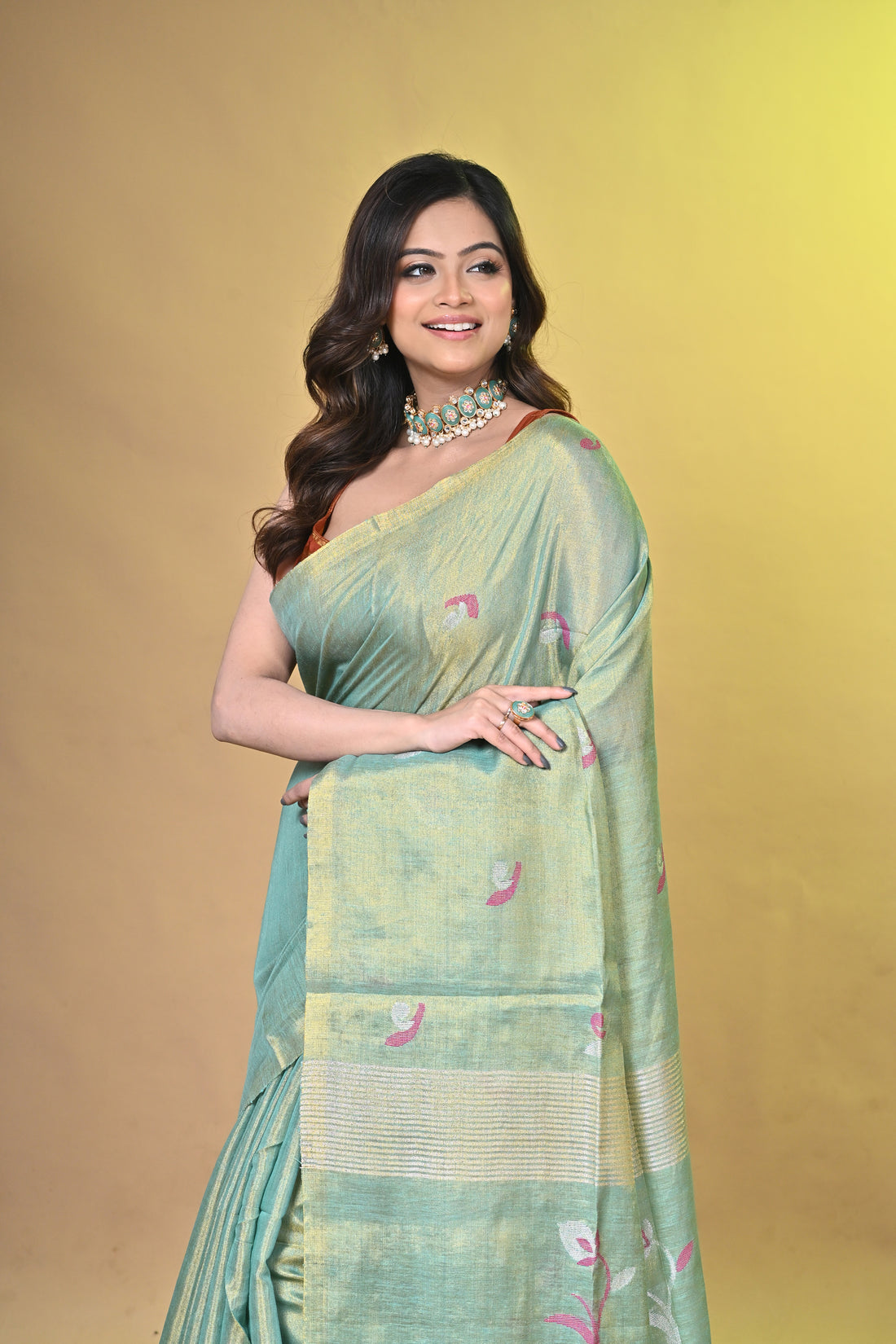 Olive Green Tissue Linen Saree with Floral Woven Design