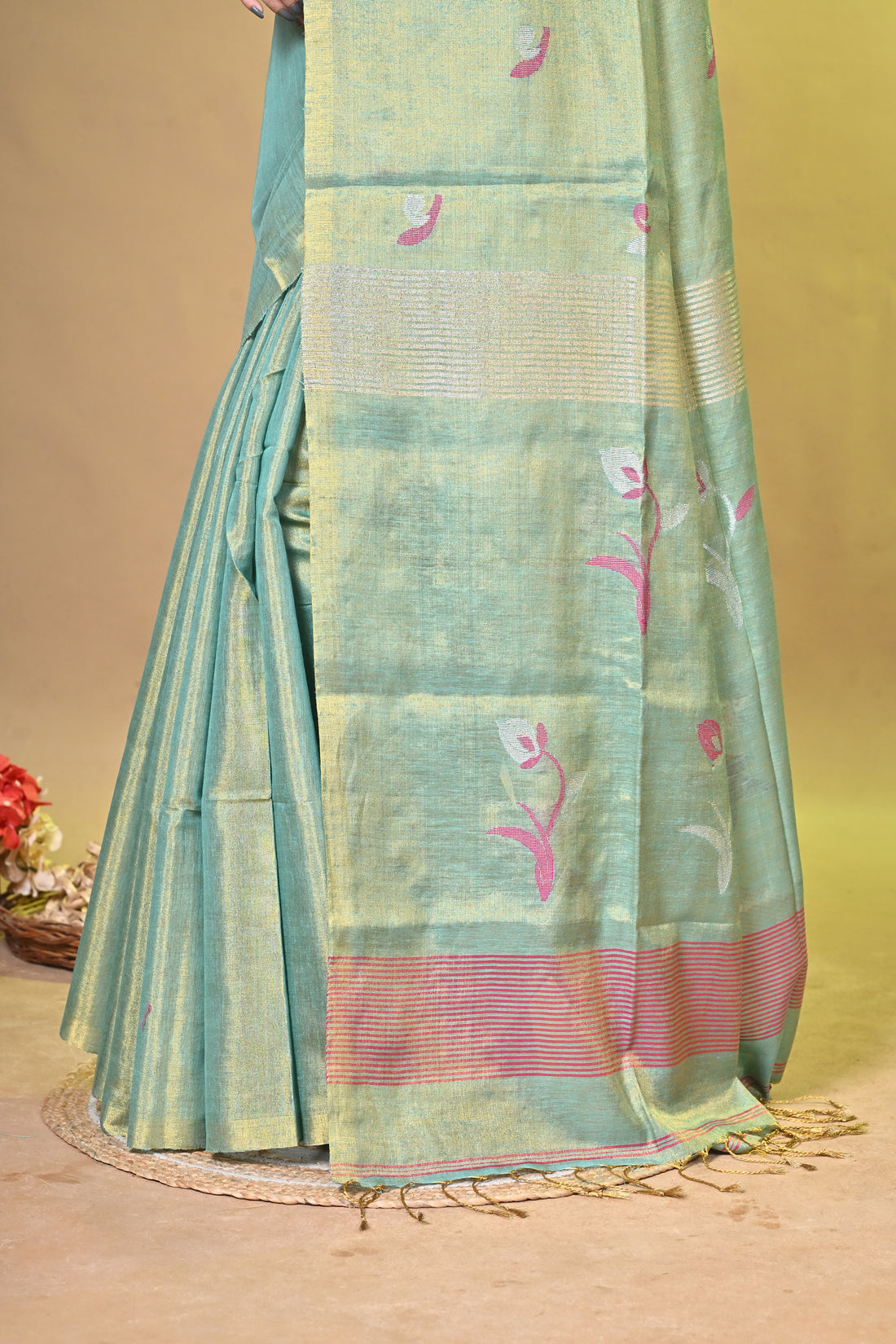 Olive Green Tissue Linen Saree with Floral Woven Design