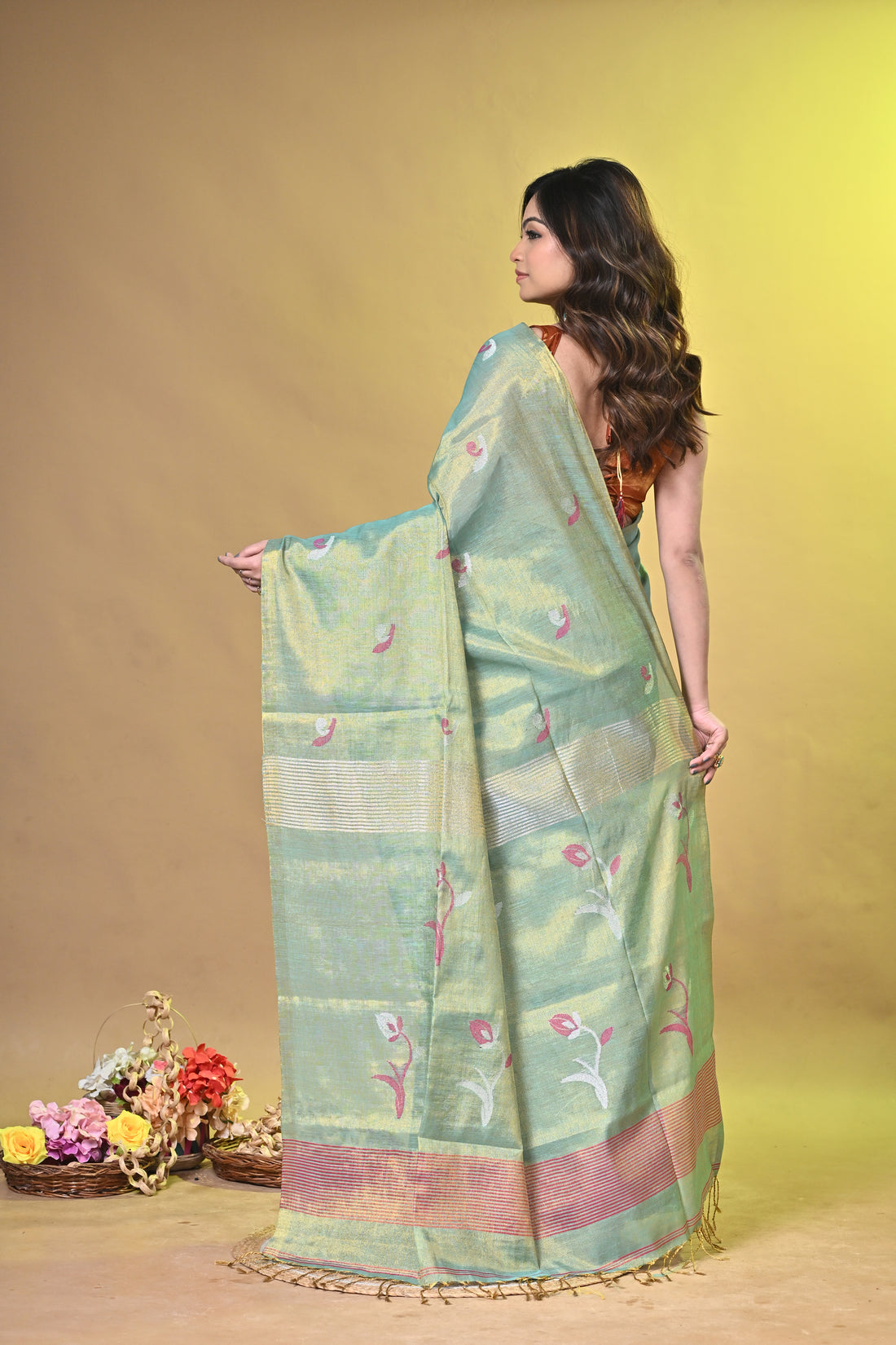Olive Green Tissue Linen Saree with Floral Woven Design