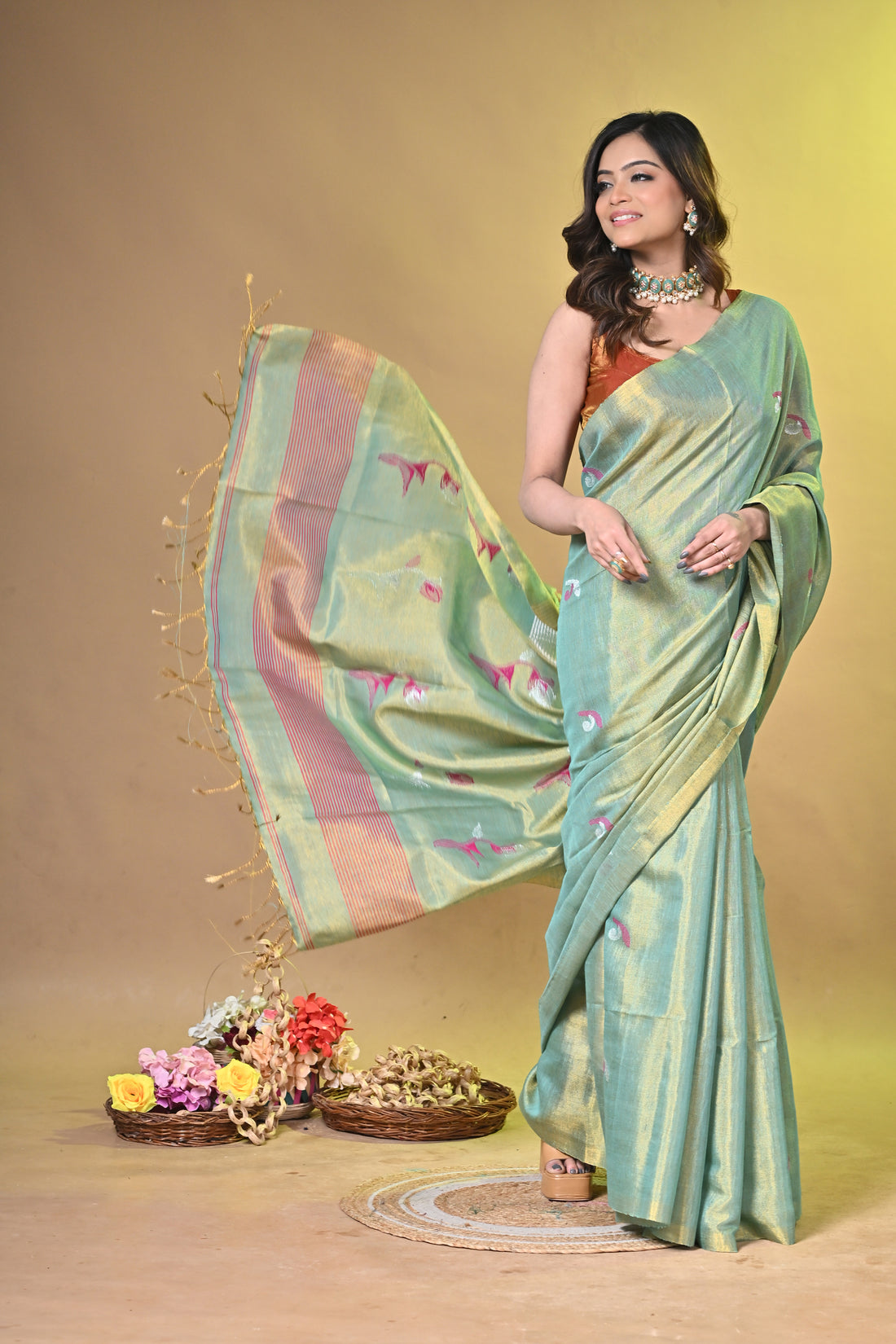 Olive Green Tissue Linen Saree with Floral Woven Design