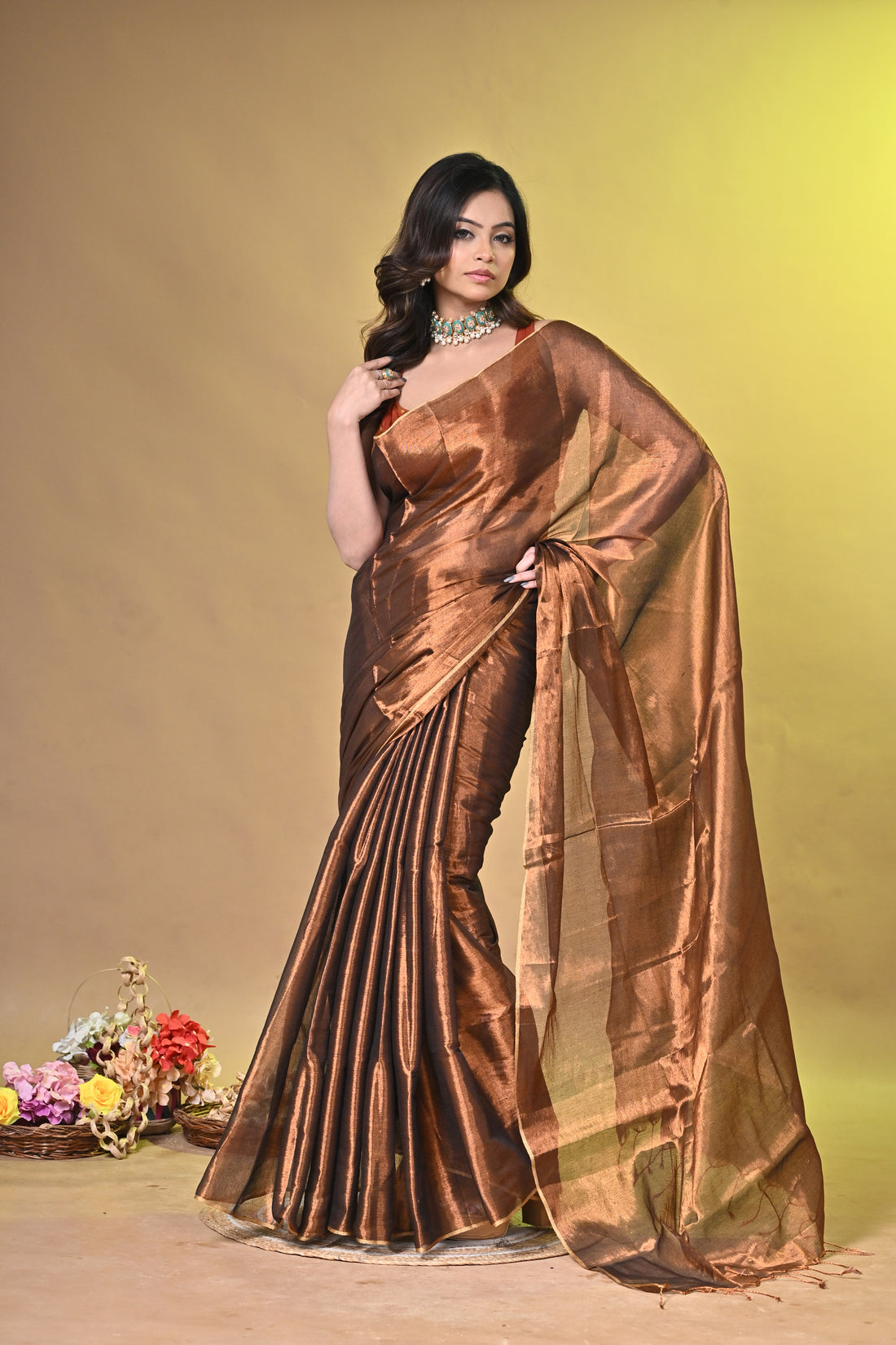 Brown Tissue Ragha Saree with Elegant Textured Finish