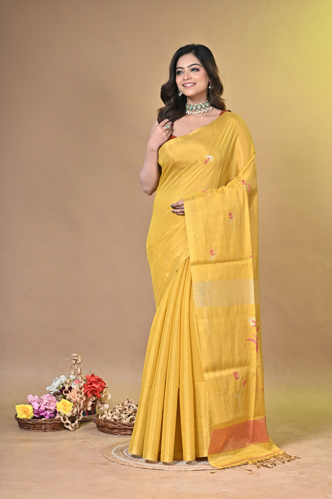 Yellow Tissue Linen Saree with Elegant Floral Woven Design
