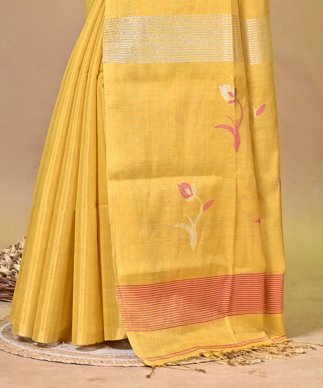Yellow Tissue Linen Saree with Elegant Floral Woven Design