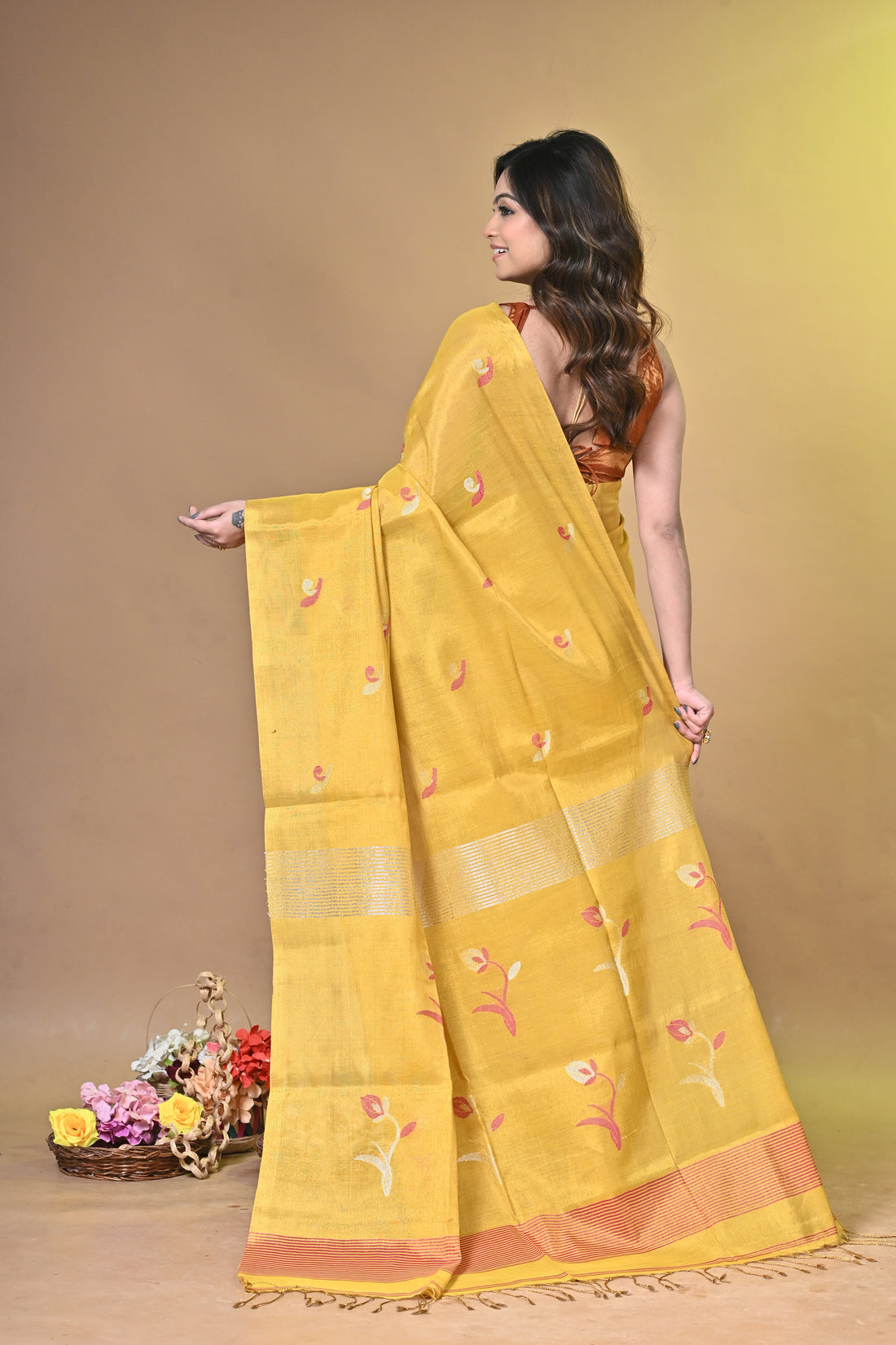 Yellow Tissue Linen Saree with Elegant Floral Woven Design