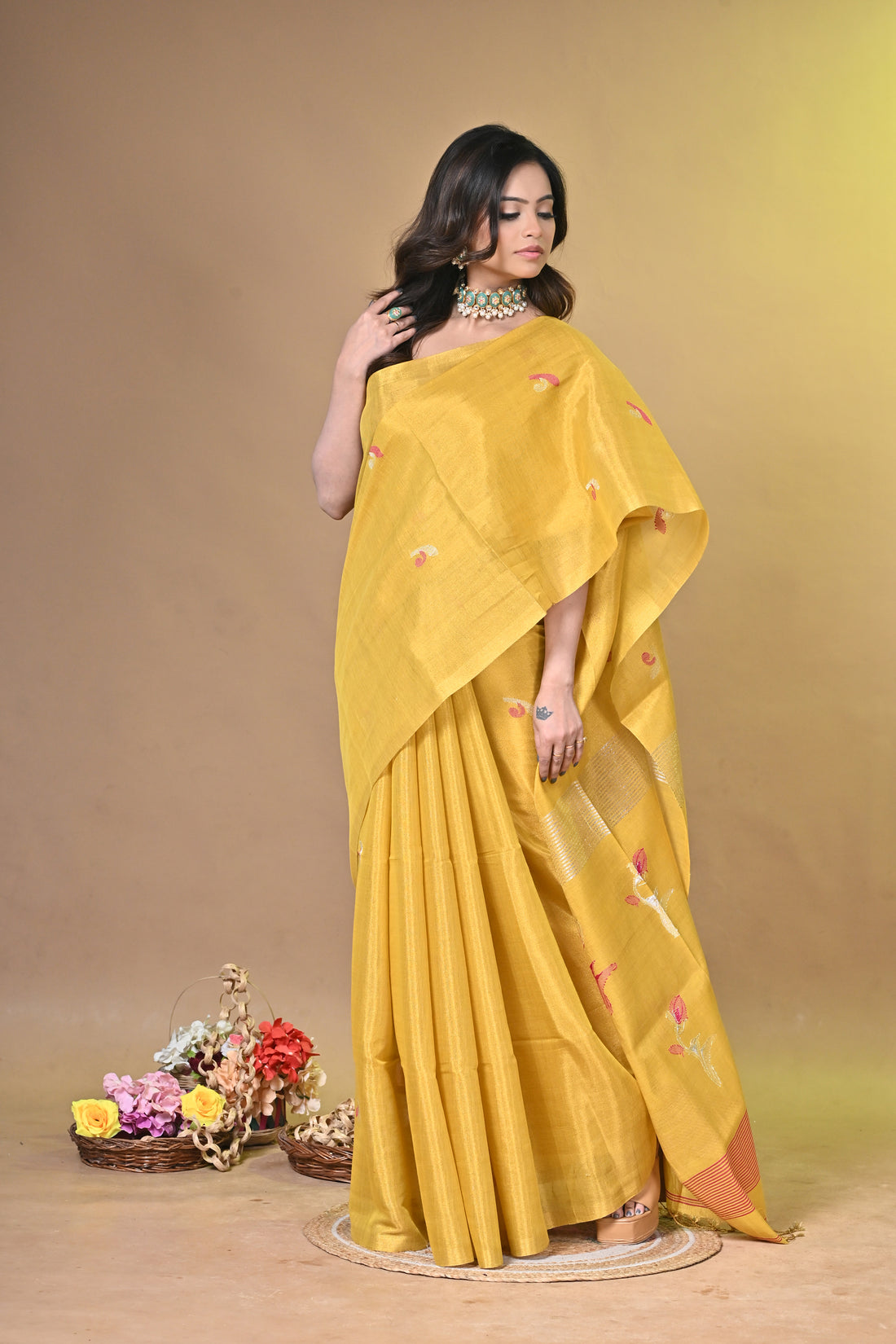 Yellow Tissue Linen Saree with Elegant Floral Woven Design