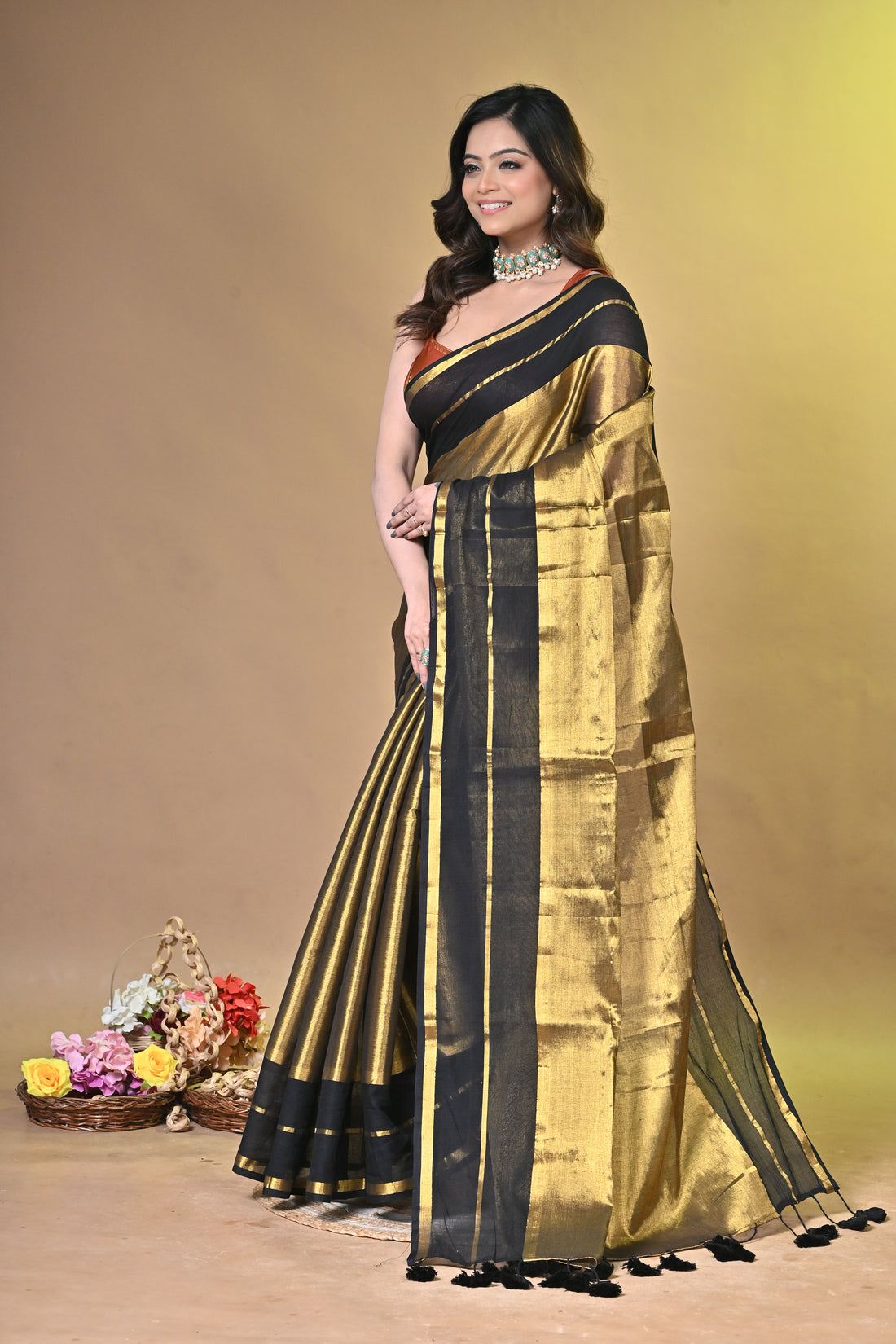 Blue and Golden Tissue Cotton Handloom Saree with Elegant Border