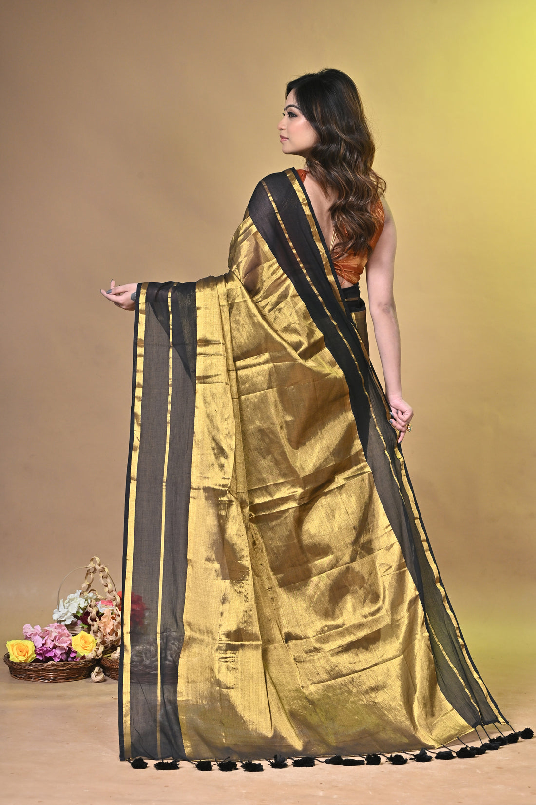 Blue and Golden Tissue Cotton Handloom Saree with Elegant Border