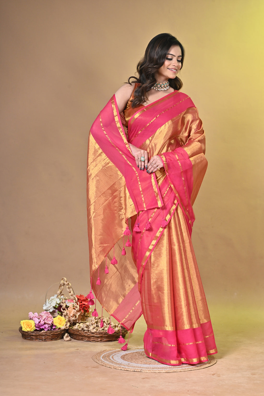 Red and Golden Tissue Cotton Handloom Saree with Elegant Border