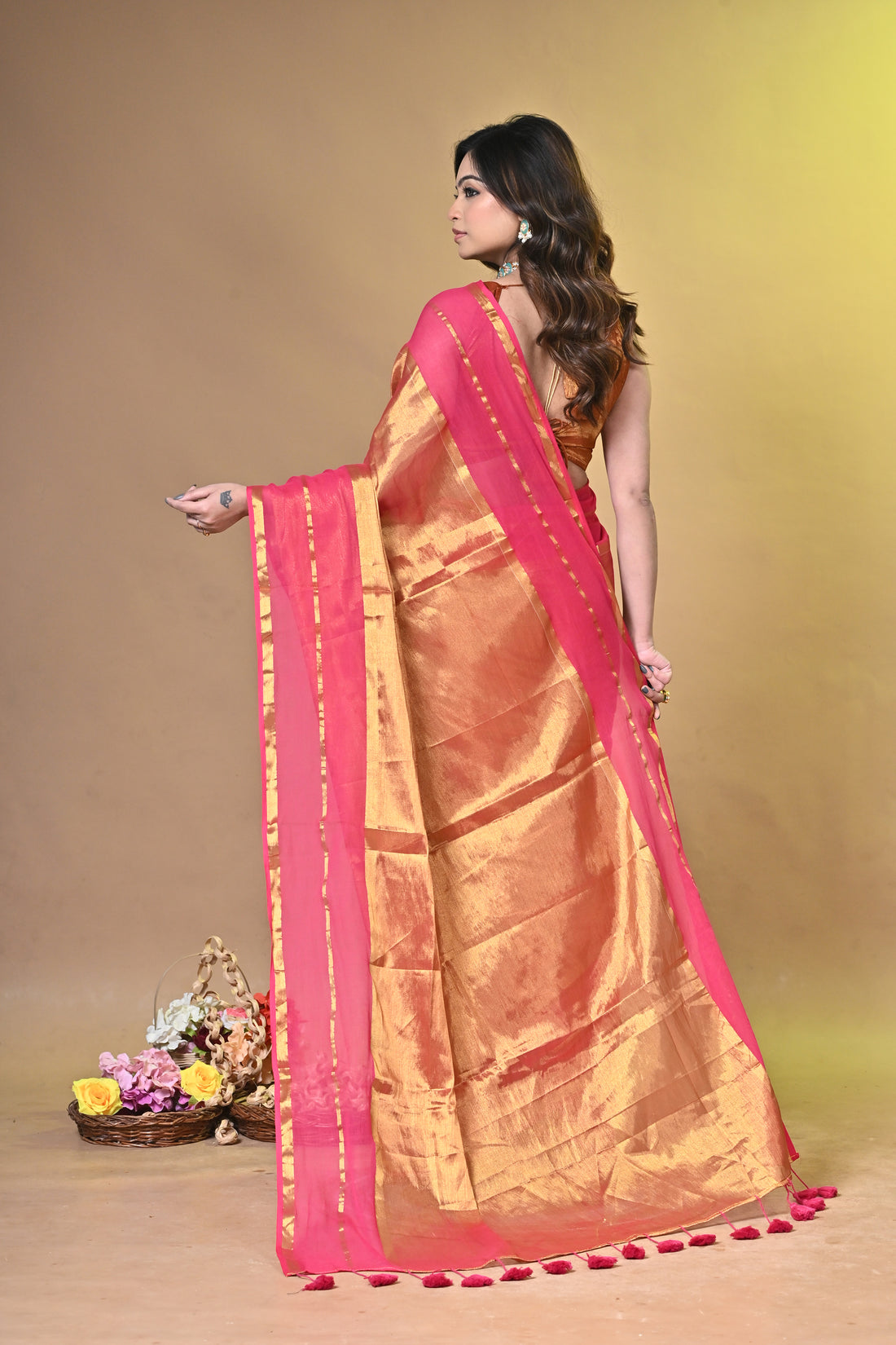 Red and Golden Tissue Cotton Handloom Saree with Elegant Border