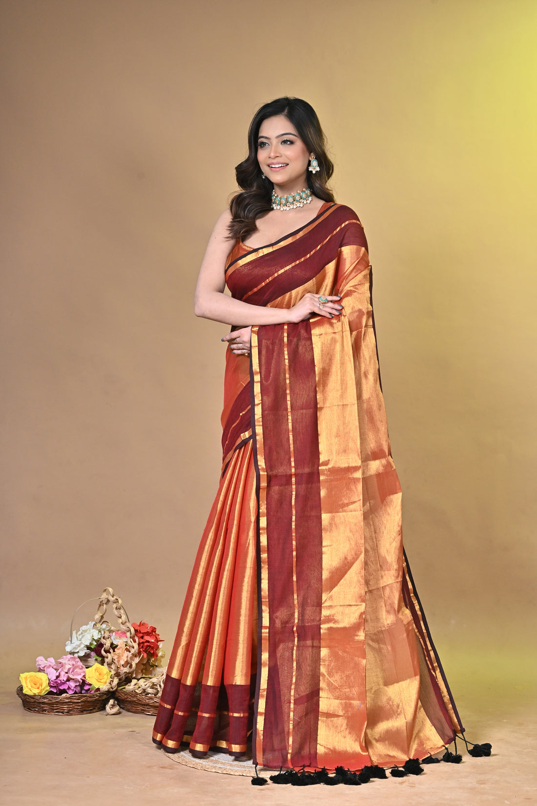 Maroon and Peach Tissue Cotton Handloom Saree with Elegant Border