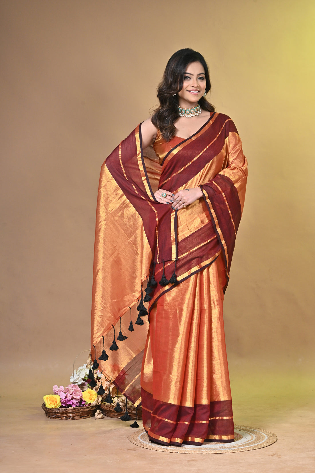 Maroon and Peach Tissue Cotton Handloom Saree with Elegant Border