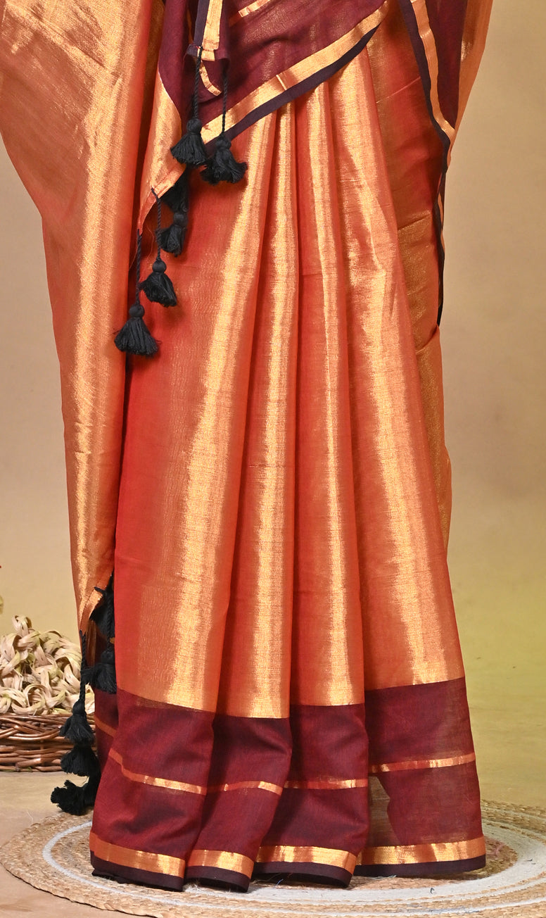 Maroon and Peach Tissue Cotton Handloom Saree with Elegant Border