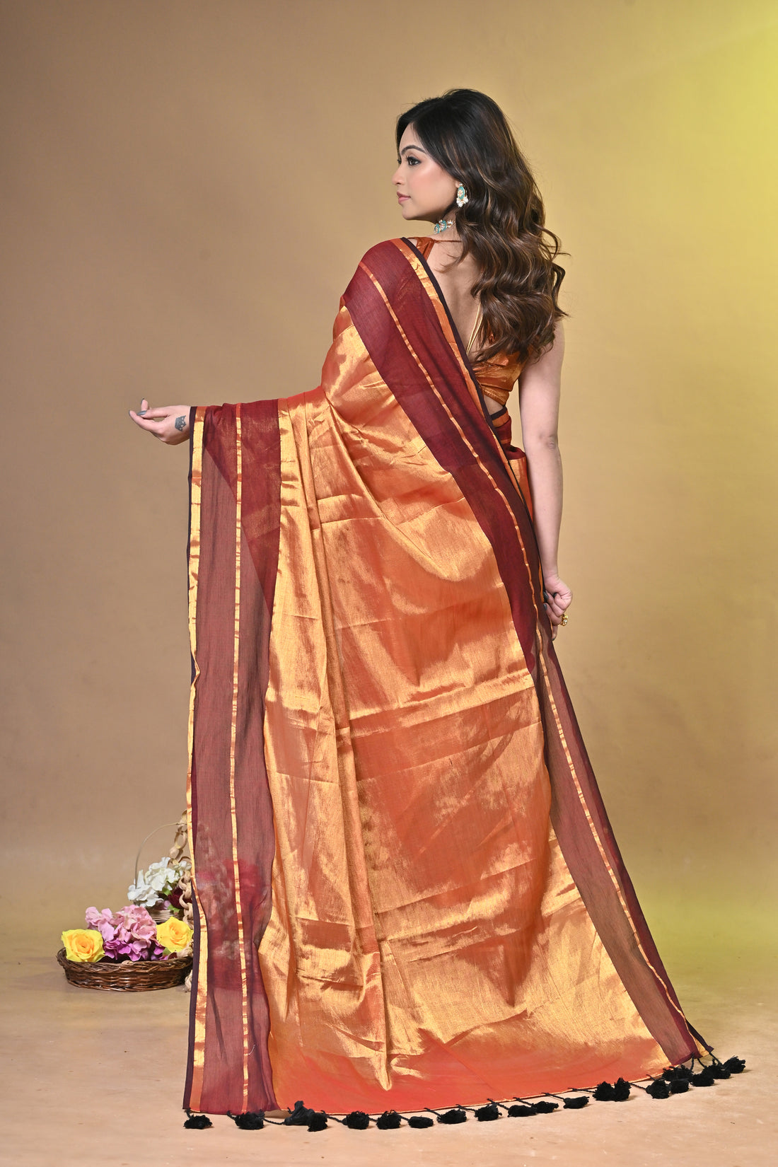 Maroon and Peach Tissue Cotton Handloom Saree with Elegant Border