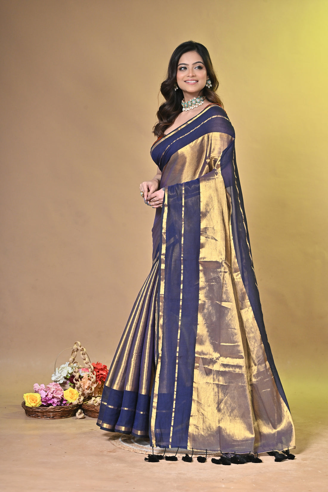 Navy Blue and Golden Tissue Cotton Handloom Saree with Contrast Border