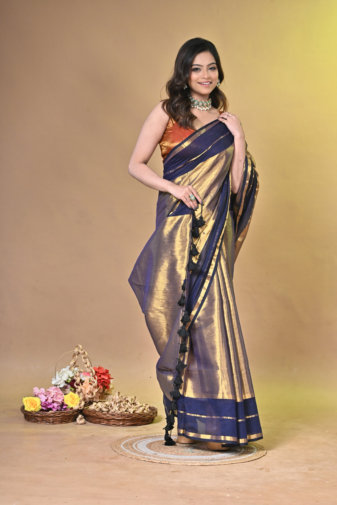 Navy Blue and Golden Tissue Cotton Handloom Saree with Contrast Border