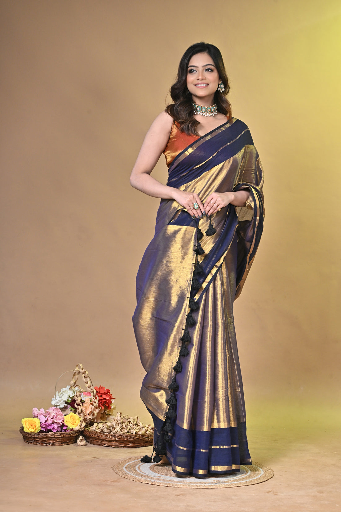 Blue Golden Tissue Cotton Handloom Saree