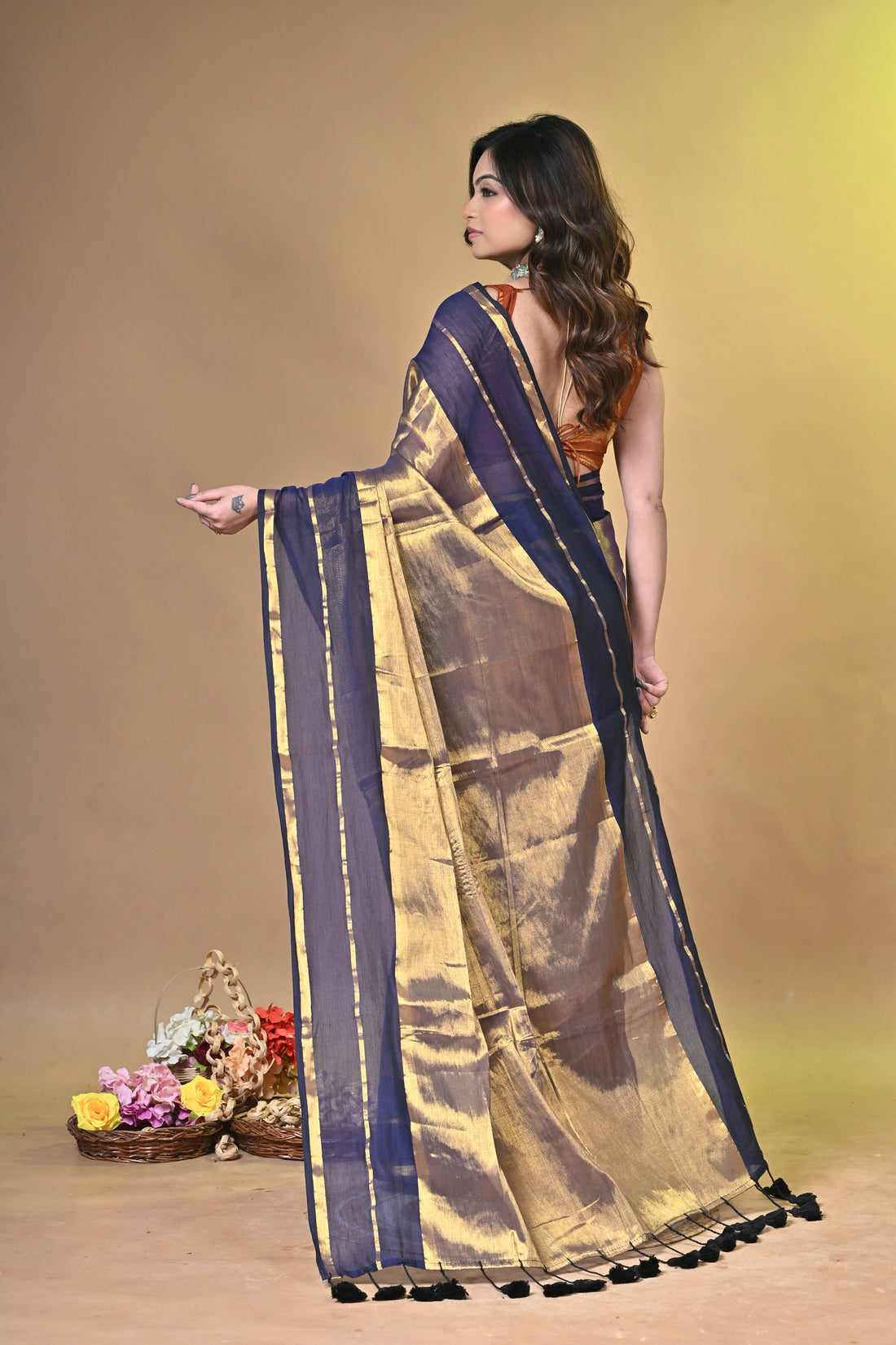 Navy Blue and Golden Tissue Cotton Handloom Saree with Contrast Border
