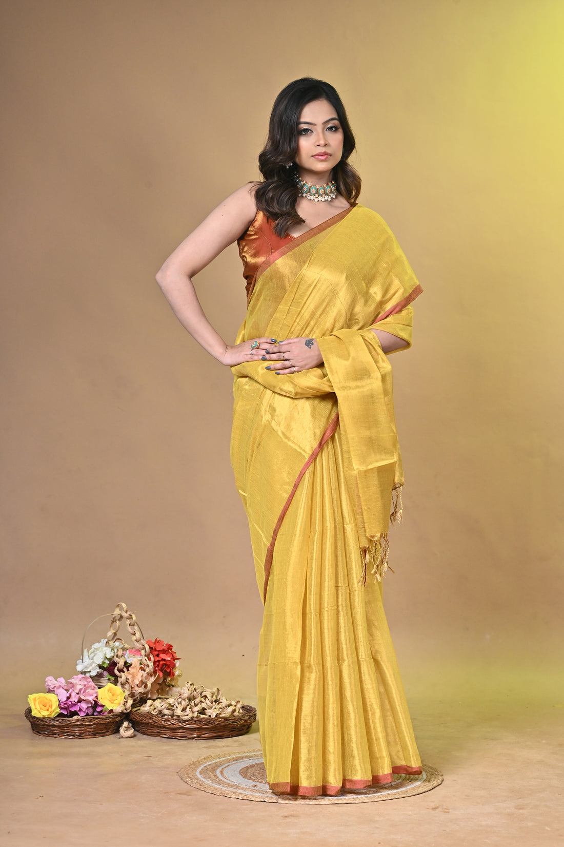 Mustard Yellow Khadi Cotton Saree with Textured Design