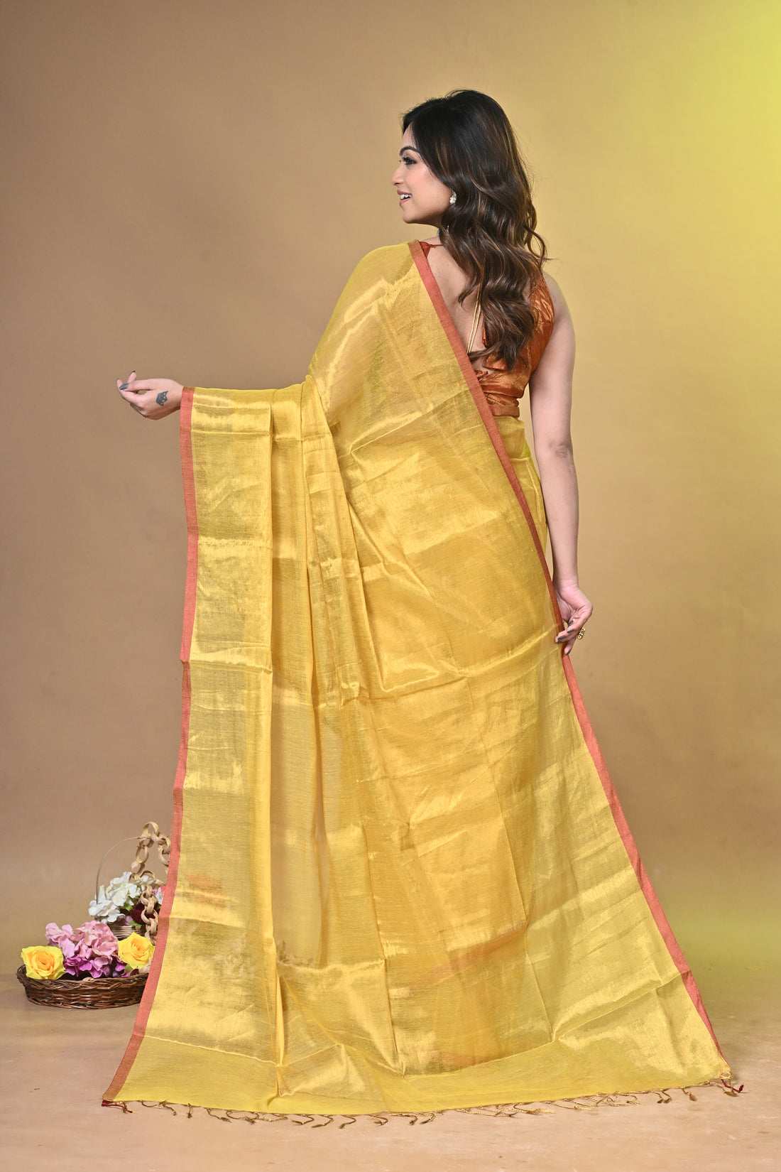 Mustard Yellow Tissue Ragha Saree with Elegant Textured Finish