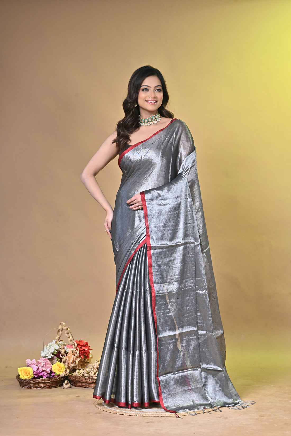 Grey Tissue Ragha Saree with Elegant Textured Finish