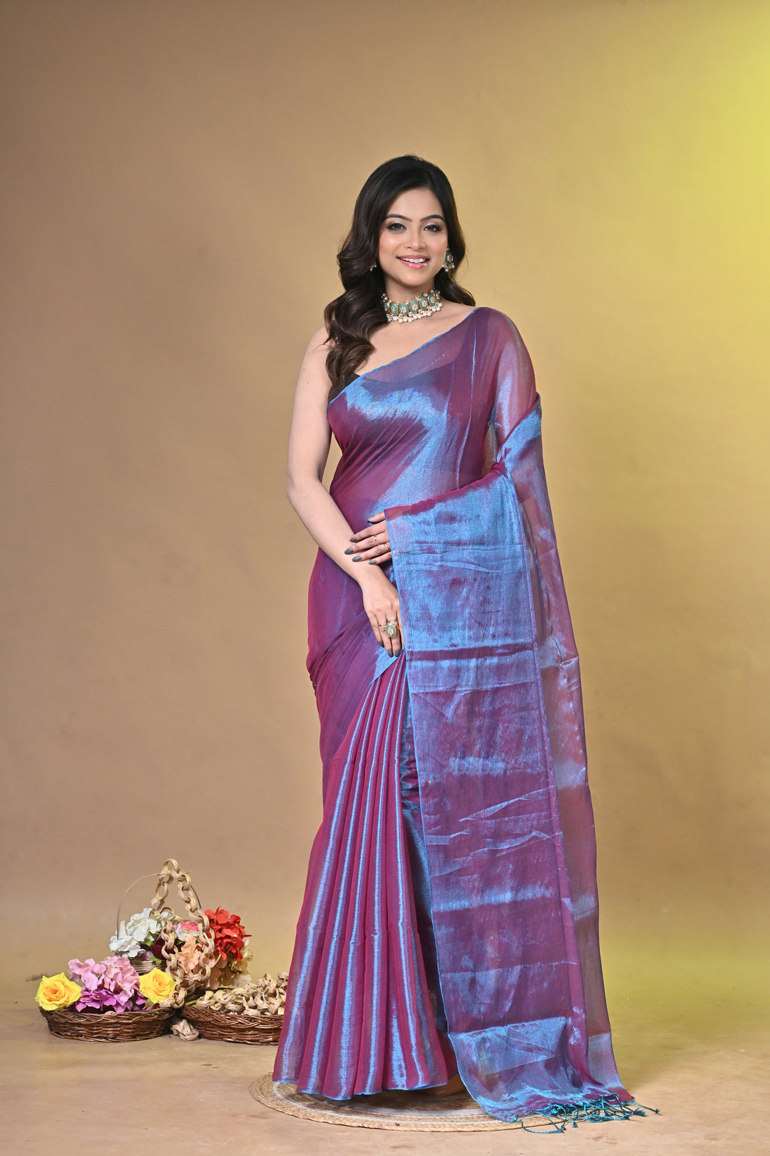 Dual Tone Blue Purple Tissue Ragha Saree with Textured Finish
