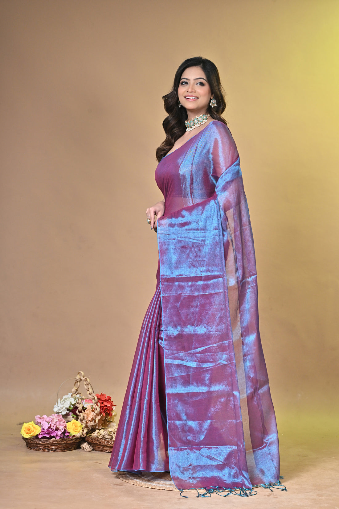 Dual Tone Blue Purple Tissue Ragha Saree with Textured Finish