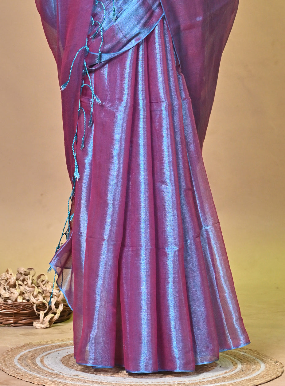 Dual Tone Blue Purple Tissue Ragha Saree with Textured Finish